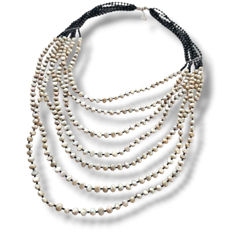 Statement Leyered Pearl Necklace 925 White Black Signed Long‎